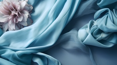 blue silk fabric with a flower as a background, close-upの素材