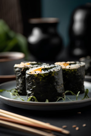 Sushi roll with salmon, avocado, cheese and cucumber on a dark backgroundの素材
