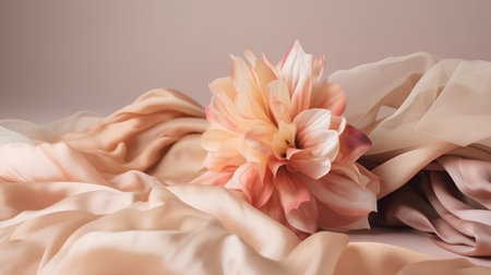 pink and beige fabric with dahlia flower closeupの素材