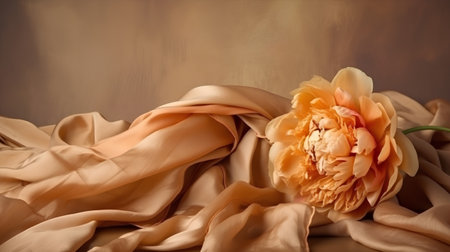 Orange peony on beige satin fabric, close-upの素材