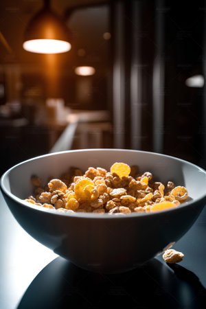 Bowl of cornflakes on the table with blurred background.の素材