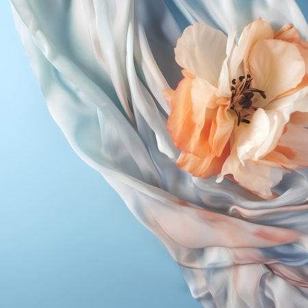 Crumpled silk fabric with an orange flower on a blue backgroundの素材