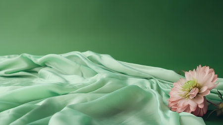 close up of dahlia flower on green satin cloth backgroundの素材