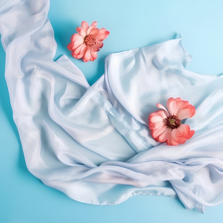 Blue silk fabric and pink flowers on blue background. Flat lay, top viewの素材