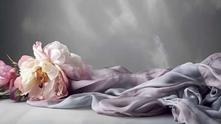 pink and white peony on a gray background with copy spaceの素材