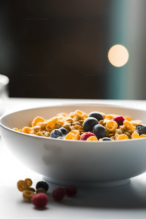 Healthy breakfast with muesli and fresh berries, selective focusの素材