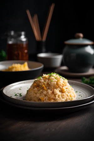Chinese fried rice in a plate with chopsticks on a dark backgroundの素材