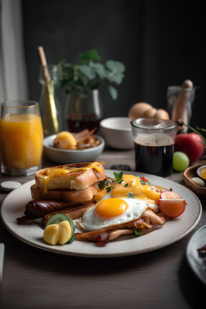 Breakfast with egg, pancakes, coffee and fruits on wooden tableの素材