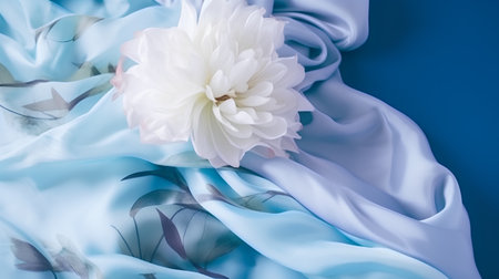 blue silk background with white chrysanthemum flower close upの素材