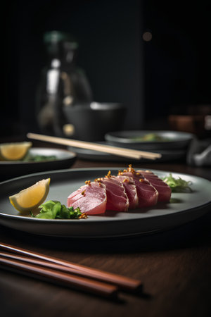 Tuna sashimi on black plate with chopsticks and lemonの素材