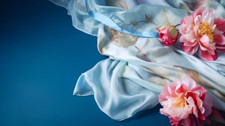 Crumpled blue silk fabric and pink peonies on blue backgroundの素材