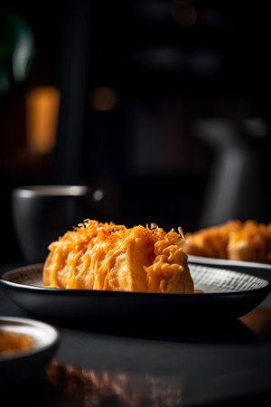 Traditional Chinese pastry in a black plate on a dark background. Close-up.の素材