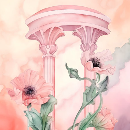 Watercolor illustration of a column with anemones and tulipsの素材
