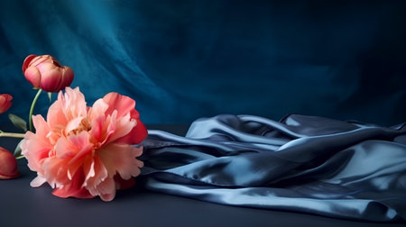 still life with peony and blue satin cloth on black backgroundの素材