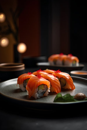 Sushi rolls with salmon and caviar on a black plate.の素材