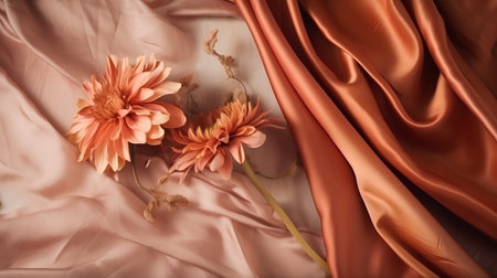 Orange chrysanthemum flowers on silk fabric, closeupの素材