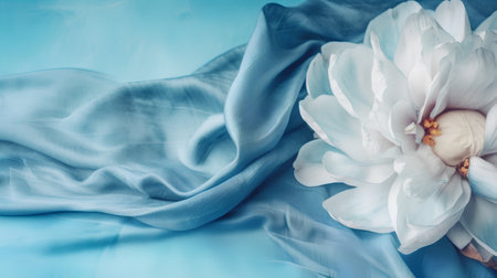 White peony on blue silk background. Close-up image.の素材