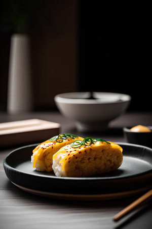 Japanese rice ball with chopsticks on a plate. Dark background.の素材