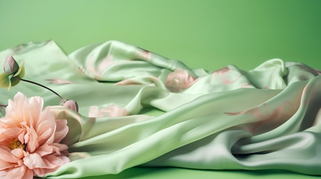 Crumpled silk fabric with a flower on a green background.の素材