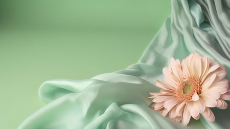 pink gerbera on green satin background with copy spaceの素材