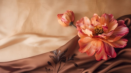 Beautiful dahlia flower on brown satin cloth background.の素材