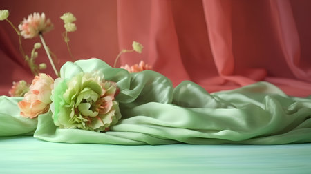 Crumpled fabric and artificial flowers on green background, close upの素材
