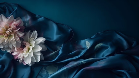 Beautiful dahlia flowers on blue silk background. Copy spaceの素材