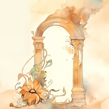 Watercolor illustration of an arch with flowers in the style of bohoの素材