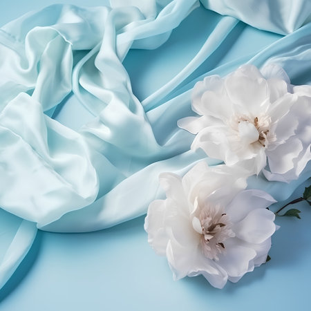 White peonies on a blue background with a soft silk scarf.の素材