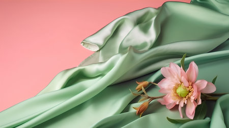 pink and green satin fabric with a flower on a pink backgroundの素材