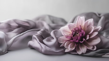 Beautiful pink dahlia flower on gray silk fabric background.の素材
