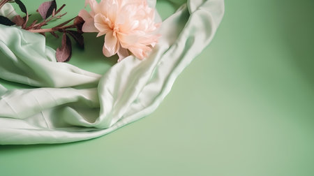 Crumpled green silk with peony flower on a green backgroundの素材