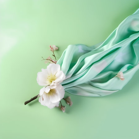 Crumpled silk fabric and white flower on a green background.の素材