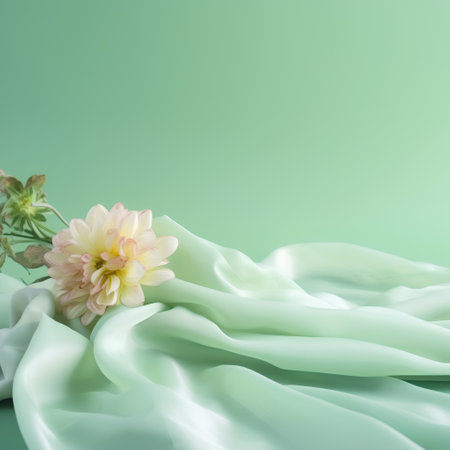 white dahlia on a green satin background with copy spaceの素材