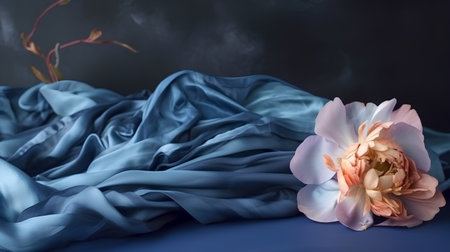 Beautiful peony flower on a blue silk fabric on a dark backgroundの素材