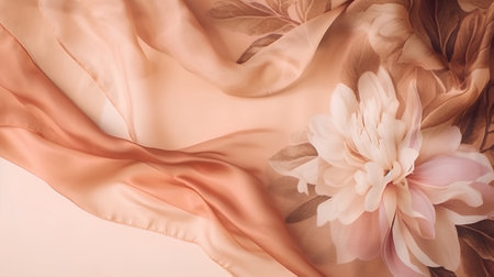 pink satin fabric with a flower on a beige backgroundの素材