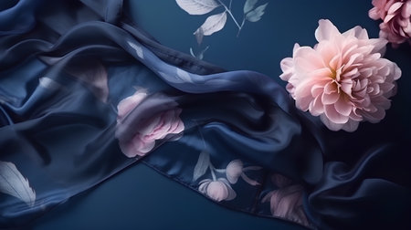 Silk fabric and dahlia flowers on a dark blue backgroundの素材