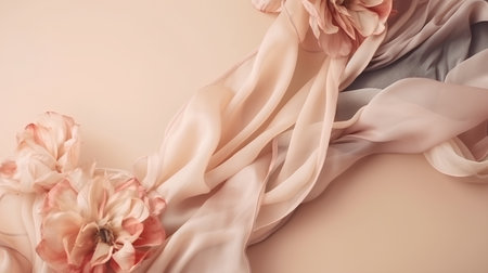 Crumpled fabric and flowers on pastel beige background.の素材