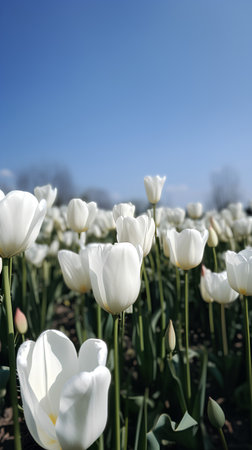 White tulips on a field in the Netherlands. Spring landscape.の素材