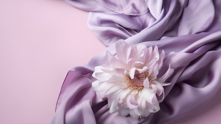 Lilac fabric with a white flower on a pink background.の素材