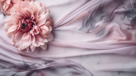 Pink chrysanthemum and silk fabric on a marble backgroundの素材