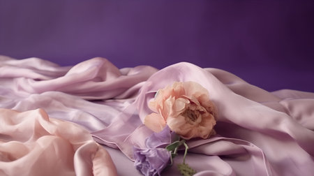 pink silk fabric with flower on purple background, close-upの素材