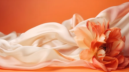 Crumpled fabric and an orange gladiolus on orange backgroundの素材