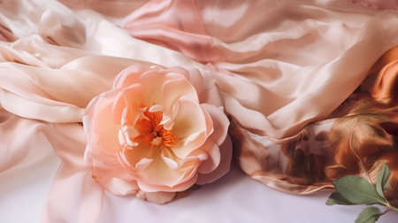 Crumpled silk fabric with rose on white background, soft focusの素材