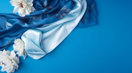 Blue silk fabric and white flowers on blue background with copy space.の素材