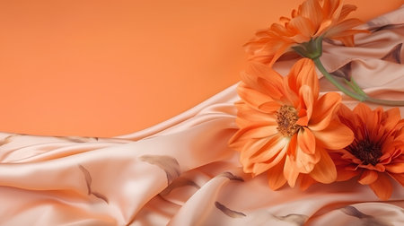 Orange gerbera flowers on a silk background with space for textの素材