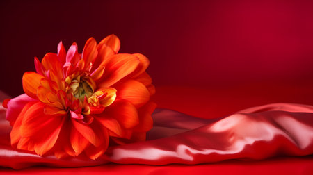 Orange dahlia on a red satin background with copy spaceの素材
