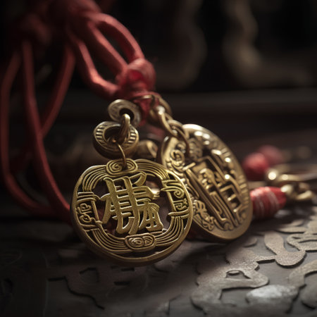 Chinese New Year background with gold ingots and red beads, selective focusの素材