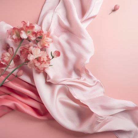 pink silk fabric and flowers on a pink background, flat layの素材