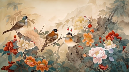 Beautiful floral background with birds and flowers in retro style, watercolor paintingの素材